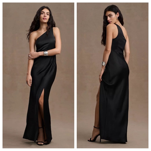 BHLDN Dresses & Skirts - NWT BHLDN Dylan One-Shoulder Satin Side-Slit Gown Black Anthropologie